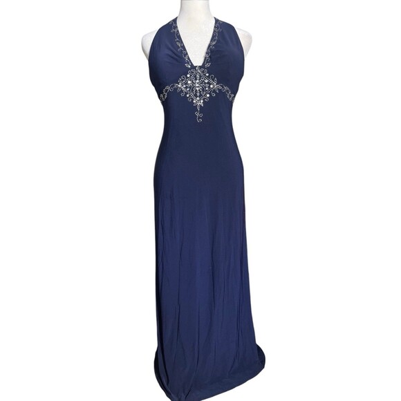 De Laru Navy Evening Long Dress Halter Beaded Baby Doll Sz 3/4 Y2K Style - Picture 14 of 16